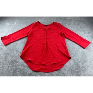Fred David Womens Blouse Top Red 3/4 Sleeve Button Pocket Rounded Hem Medium